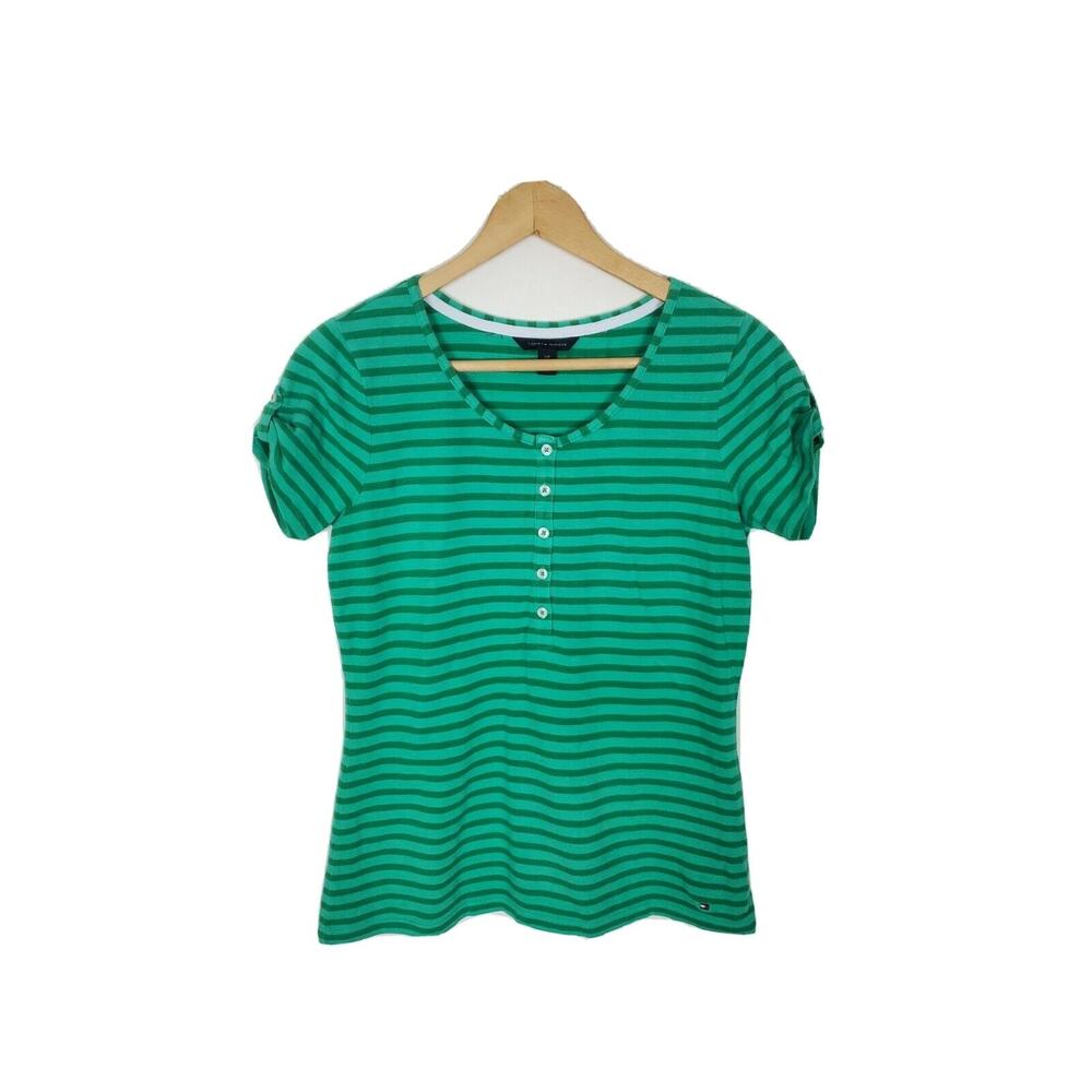 Tommy Hilfiger Women's Size Small S Green Striped Henley Shirt Preppy Stripes